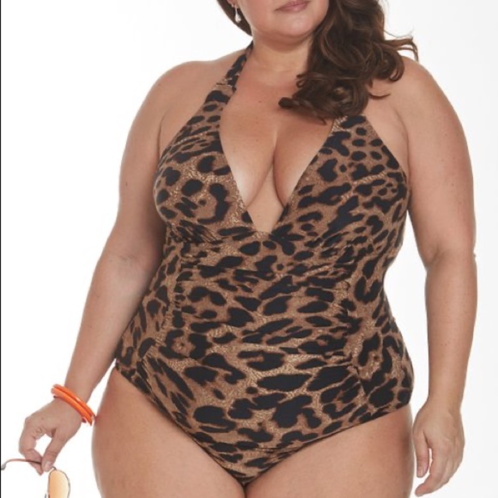 Plus Size Leopard V-Neck Halter One-Piece - Picture 2 of 5